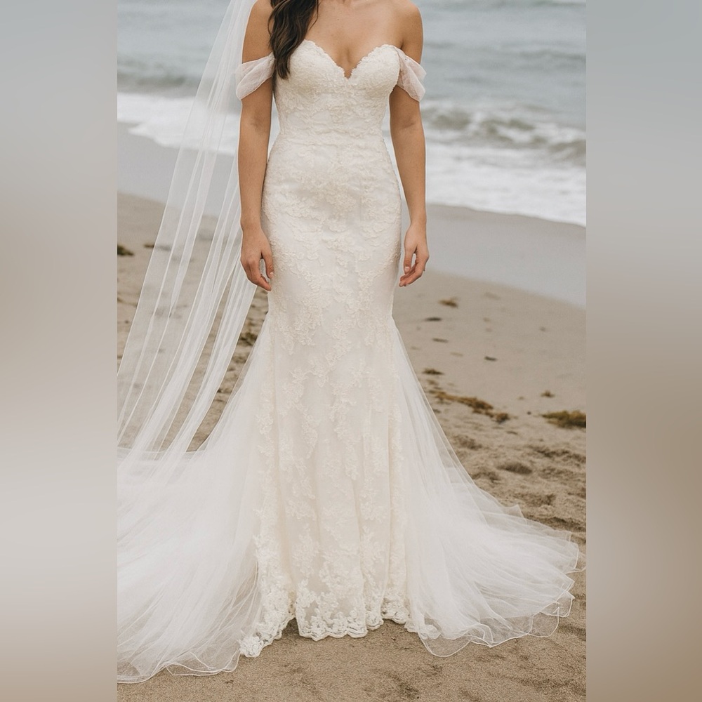 Maggie Sottero Off The Shoulder Beaded Wedding Gown with Lace Train